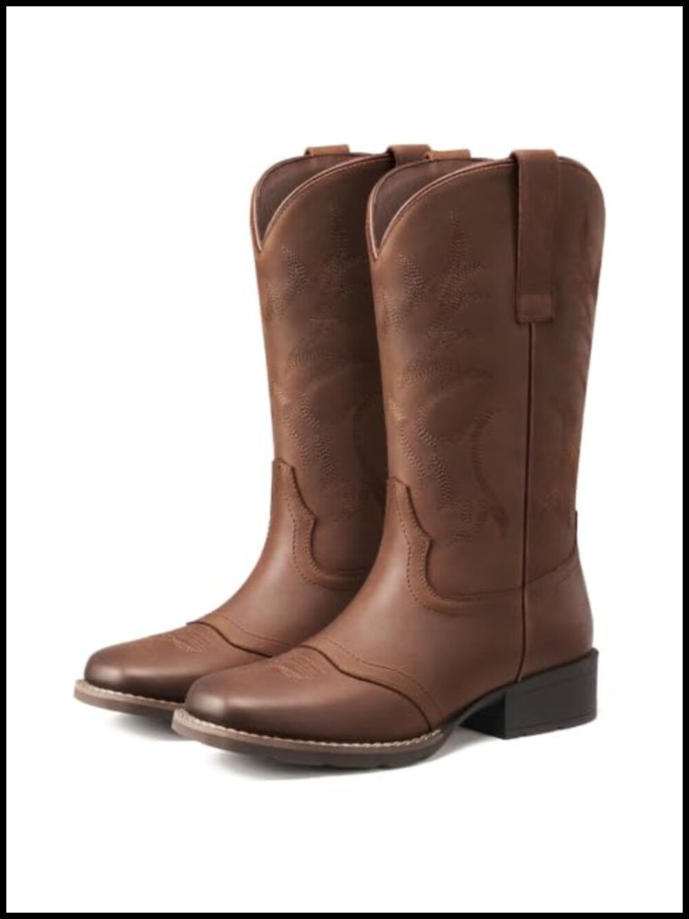 Genuine Leather Cowgirl Boots Square Toe Block Heel Mid Calf